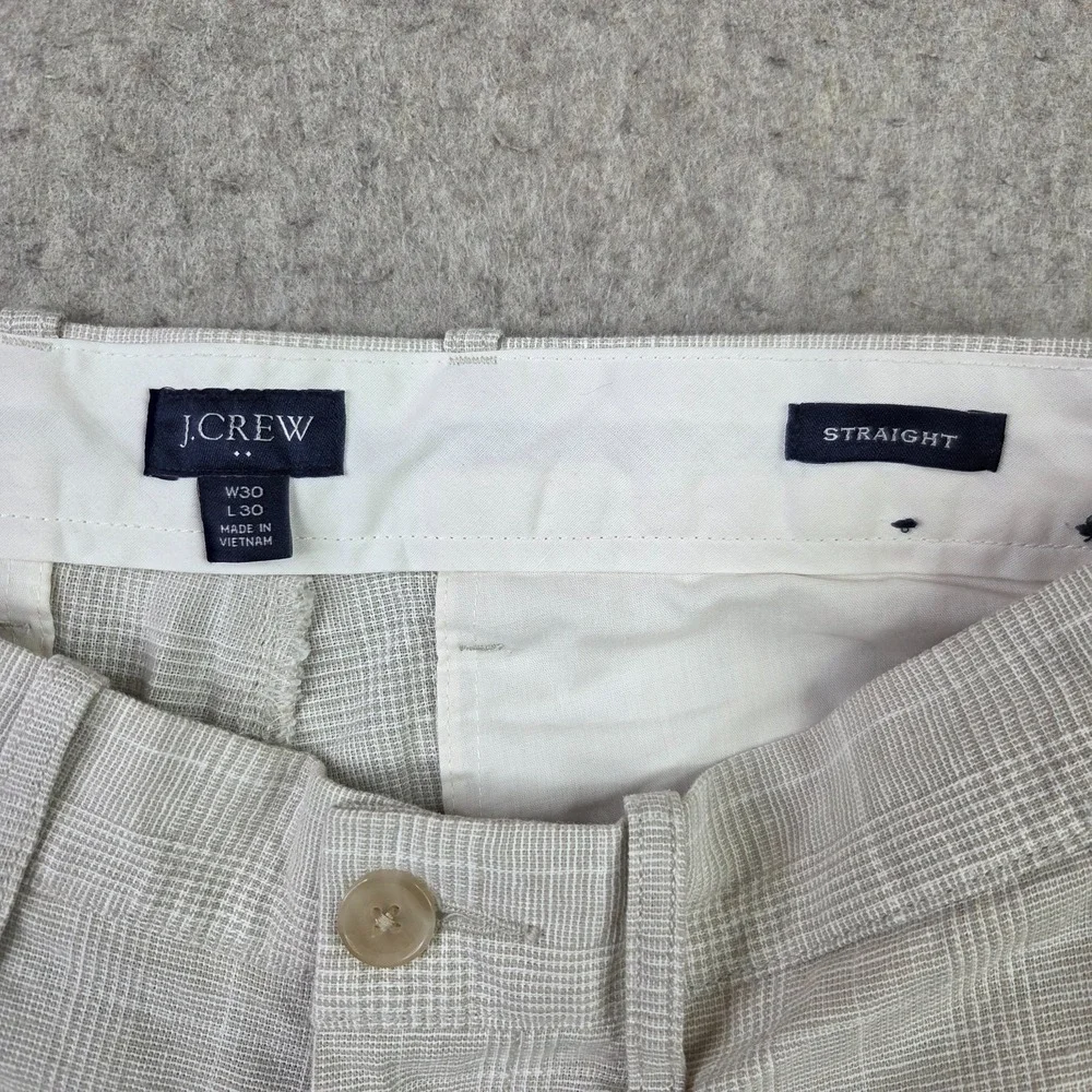 J Crew Linen Blend Pants Mens 30x30 Tan Plaid Flat Front Lightweight